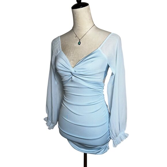 Lucy in the Sky Baby Blue Mesh Sleeve Mini Dress XS | Romantic Pastel Soft Girl - Picture 4 of 8
